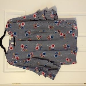 Ruffle sleeve striped/ floral 3/4 blouse